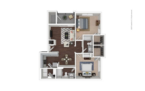 Floor plan for 2 beds, 2 baths, 955 sqft